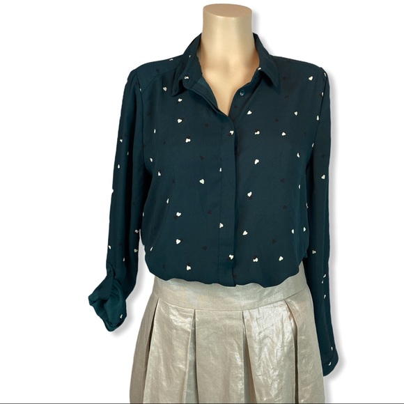 Dark Teal Green Button Down Blouse w/ Heart Print - Picture 4 of 6